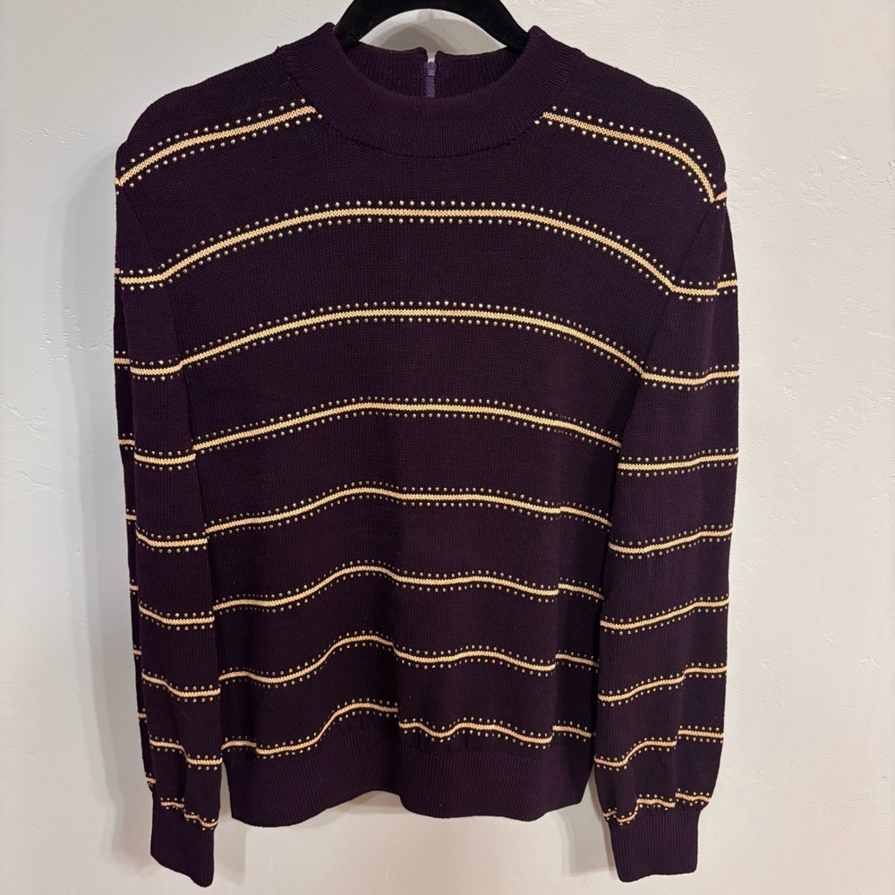 NWOT St John Collection Vtg Aubergine Tan w Gold Striped Back, Zipper Sweater-M